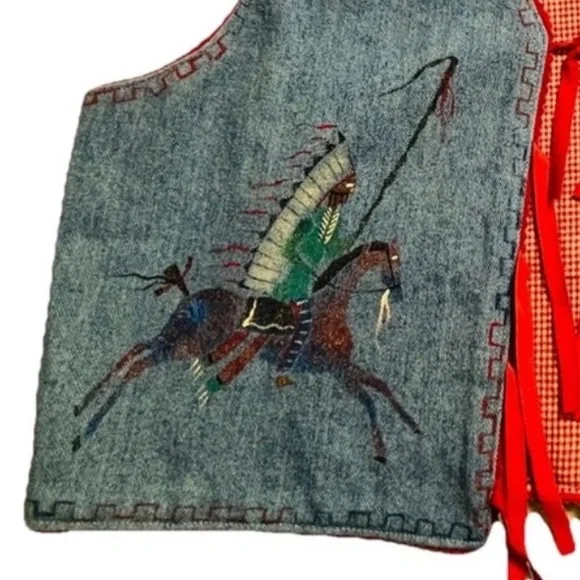 Patricia Wolf handpainted Americana denim vest indian ponies USA flag RTL $495 M - Picture 3 of 10